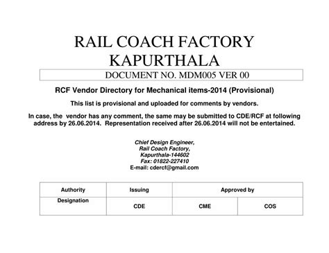rail coach factory vendor directory